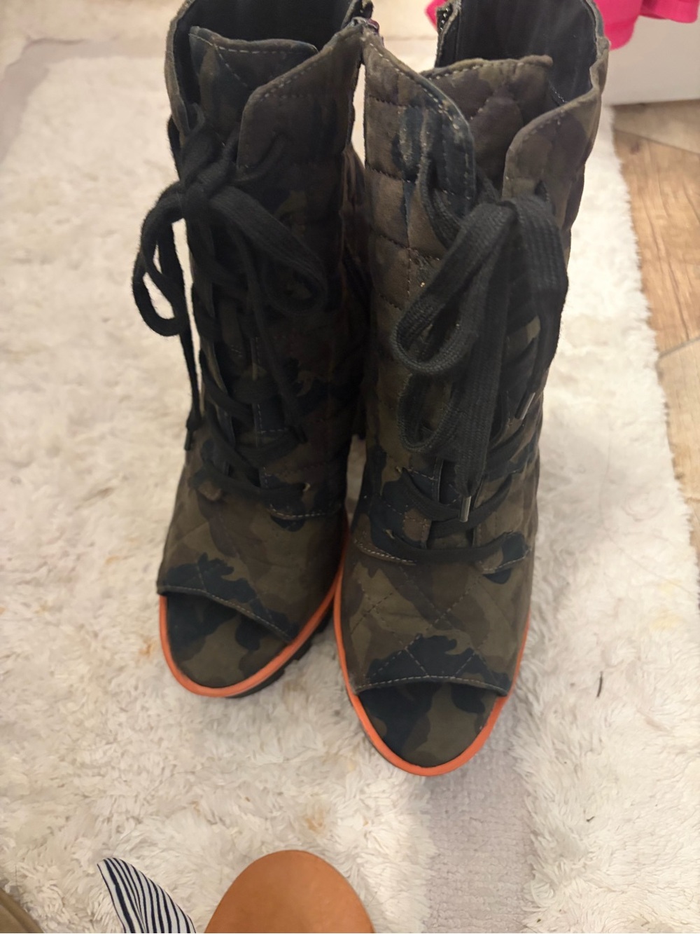 Jessica Simpson Camouflage Lace-Up Open-Toe Boots with Orange Trim